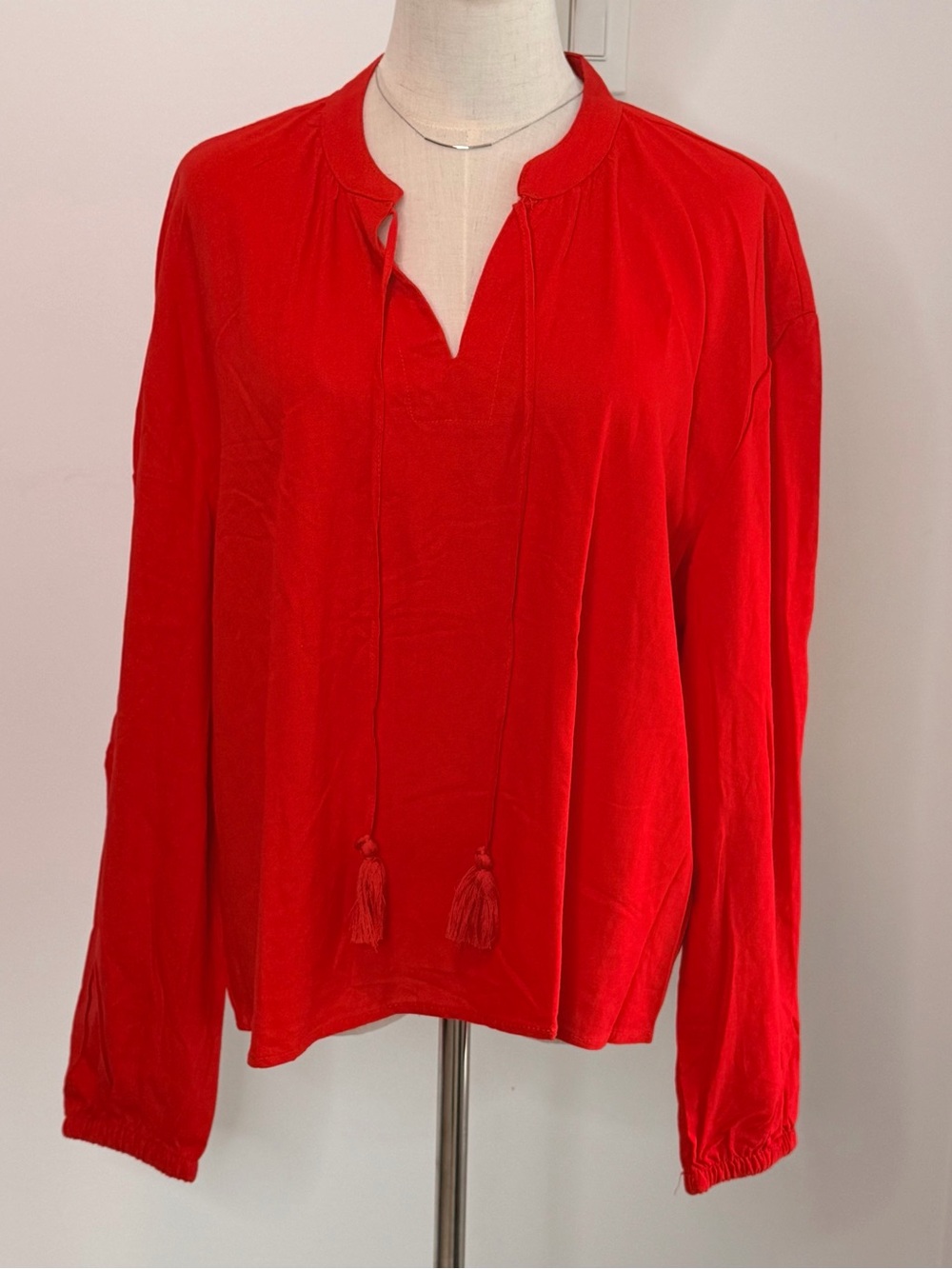 UP2 Fashion Red EcoVero Linen Blend Tassel Tie Blouse Top L NWT - Picture 3 of 10